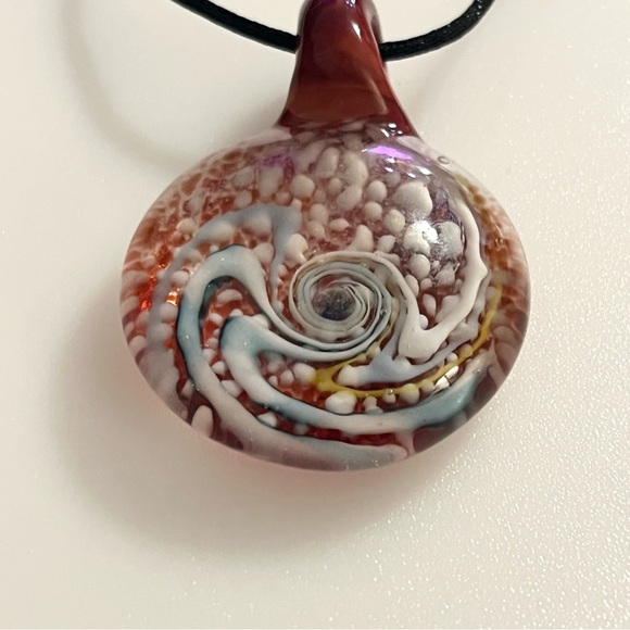 Handblown Artisan Brown Blue White Yellow Glitter Art Lampwork Glass Necklace - Picture 5 of 16
